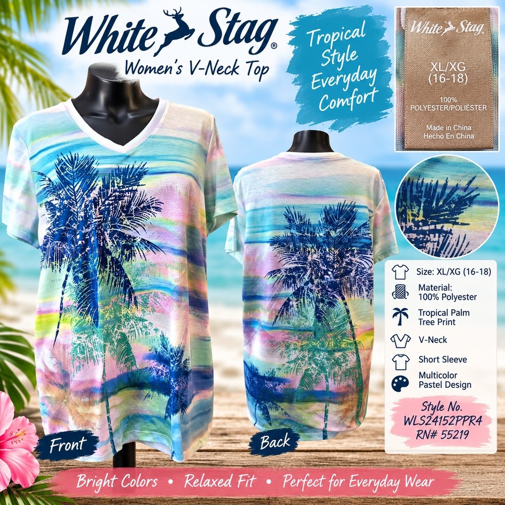 White Stag Women XL V-Neck Top Multicolor Tropical Palm Tree WLS24152PPR4